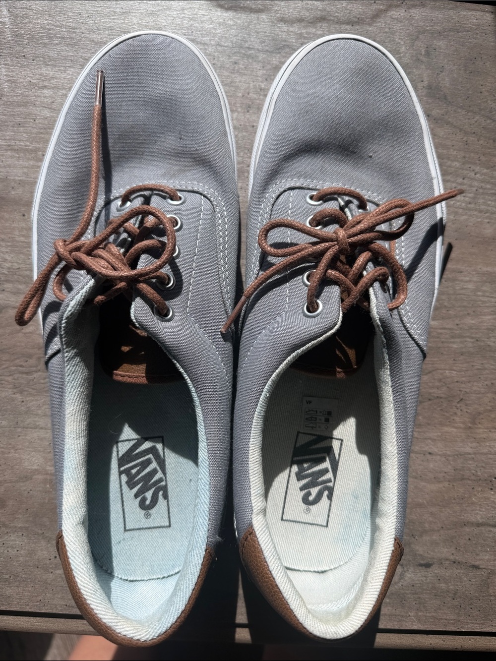 Vans Men’s Gray Canvas Low-Top Sneakers with Brown Laces & Brown Leather Heel